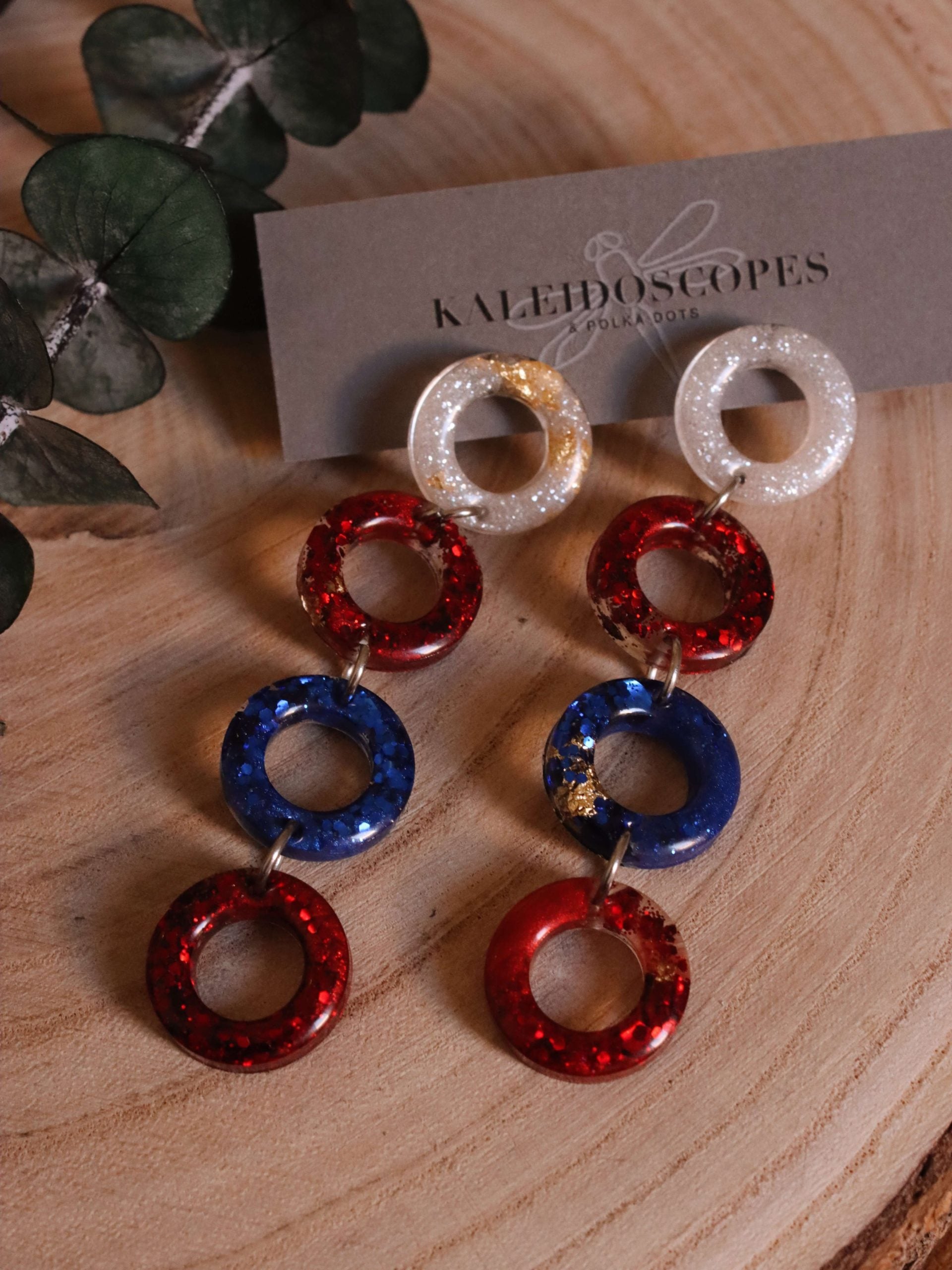 long-patriotic-chain-earrings---hypoallergenic-jewelry--red-white-and-blue-earrings---kaleidoscopes-and-polka-dots