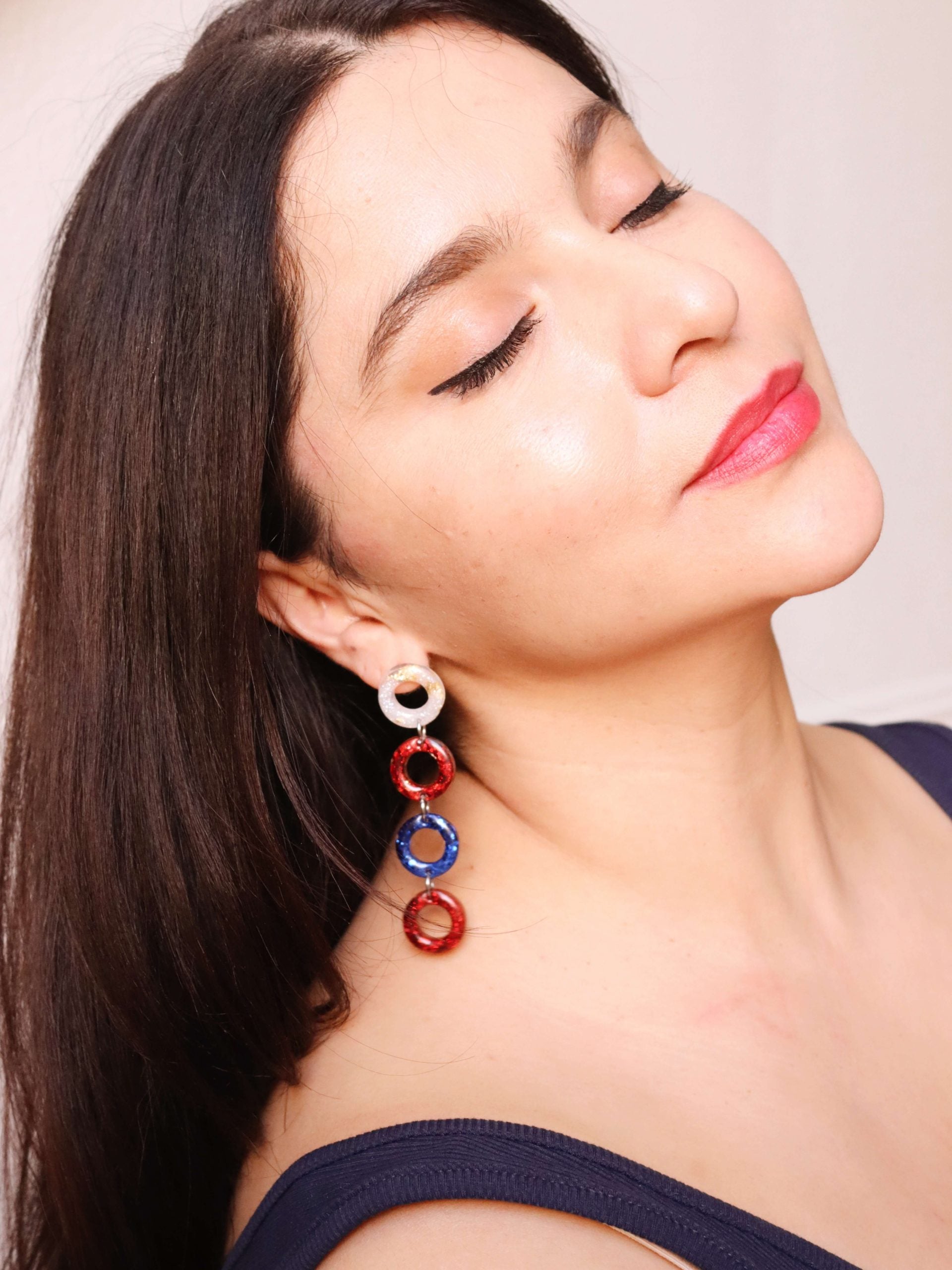 long-patriotic-chain-earrings---hypoallergenic-studs---red-white-and-blue-earrings---kaleidoscopes-and-polka-dots