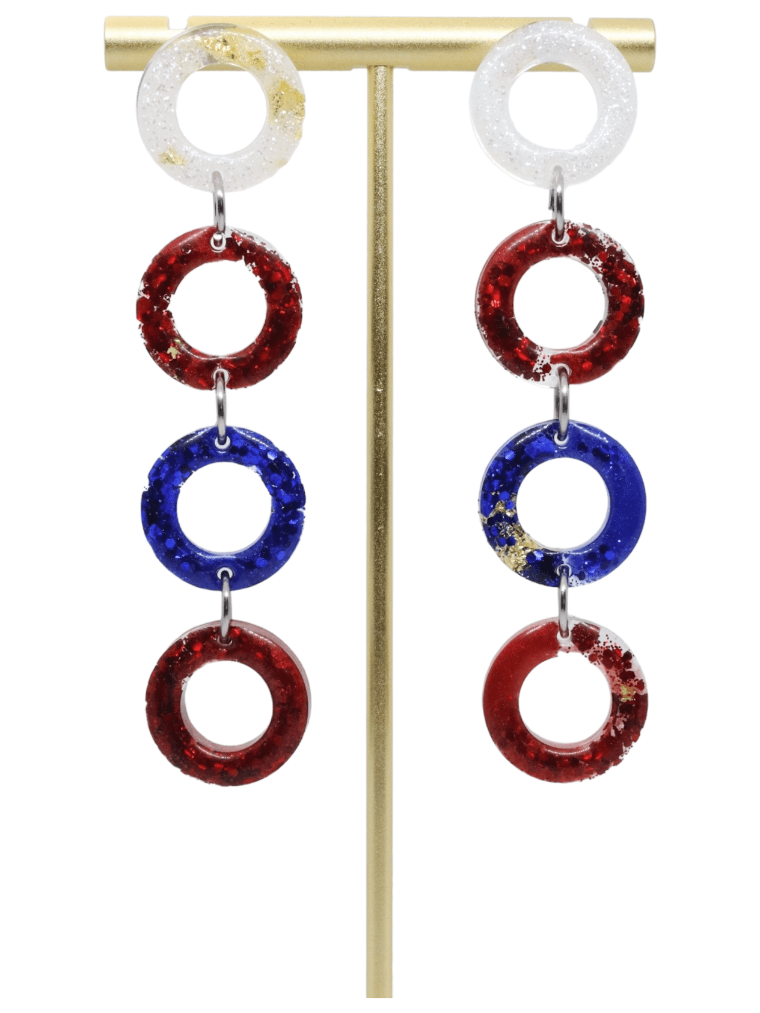 long-patriotic-chain-resin-earrings---stud-earrings-hypoallergenic---red-white-and-blue-earrings---kaleidoscopes-and-polka-dots