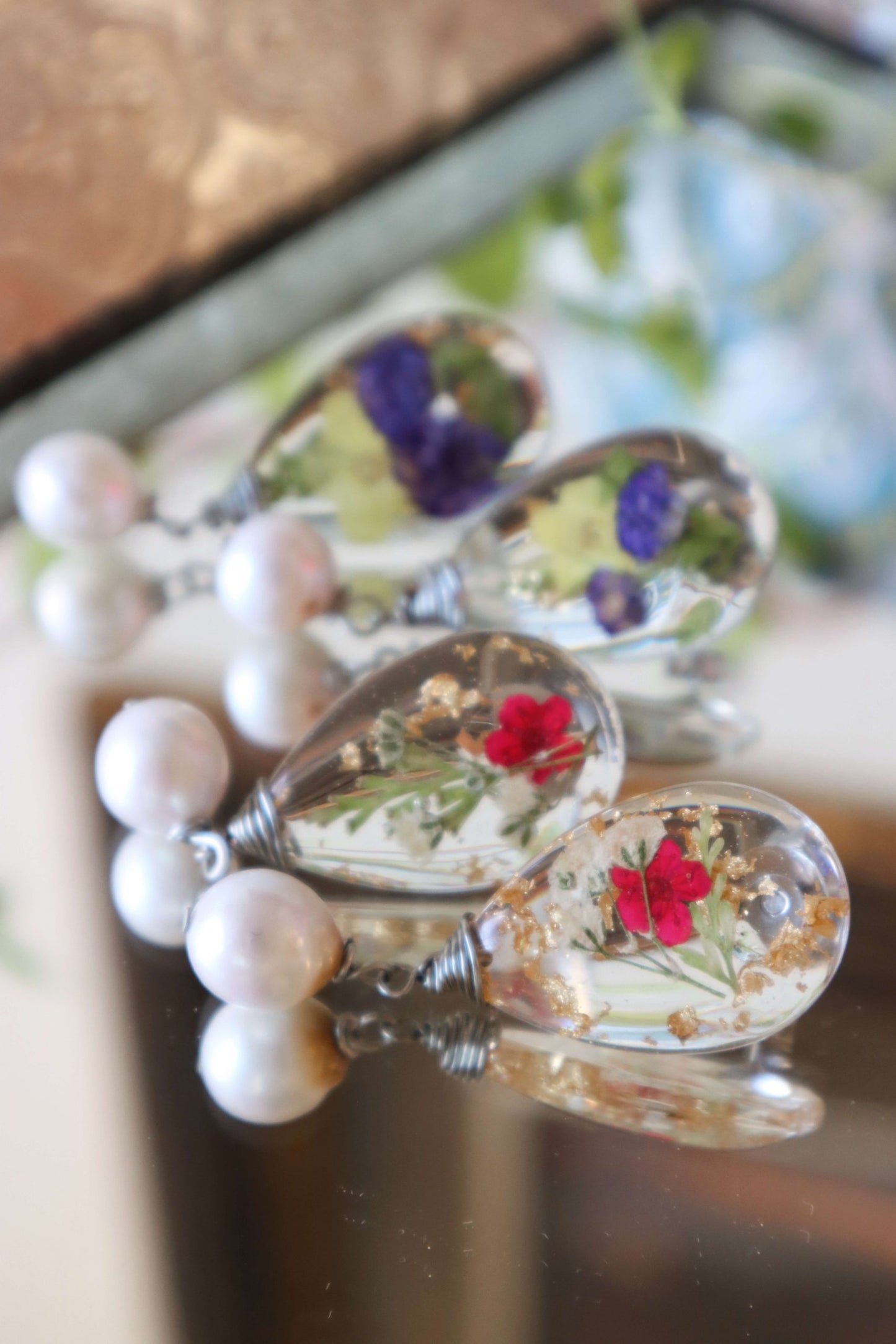 Pressed-flower-earrings---pearl-drop-earrings-for-wedding---flower-jewelry---Kaleidoscopes-And-Polka-Dots