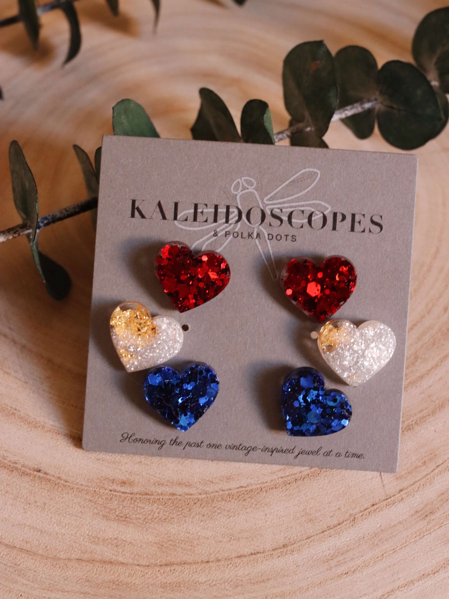 patriotic-heart-stud-earrings---red-white-and-blue-glittery-jewelry---kaleidoscopes-and-polka-dots