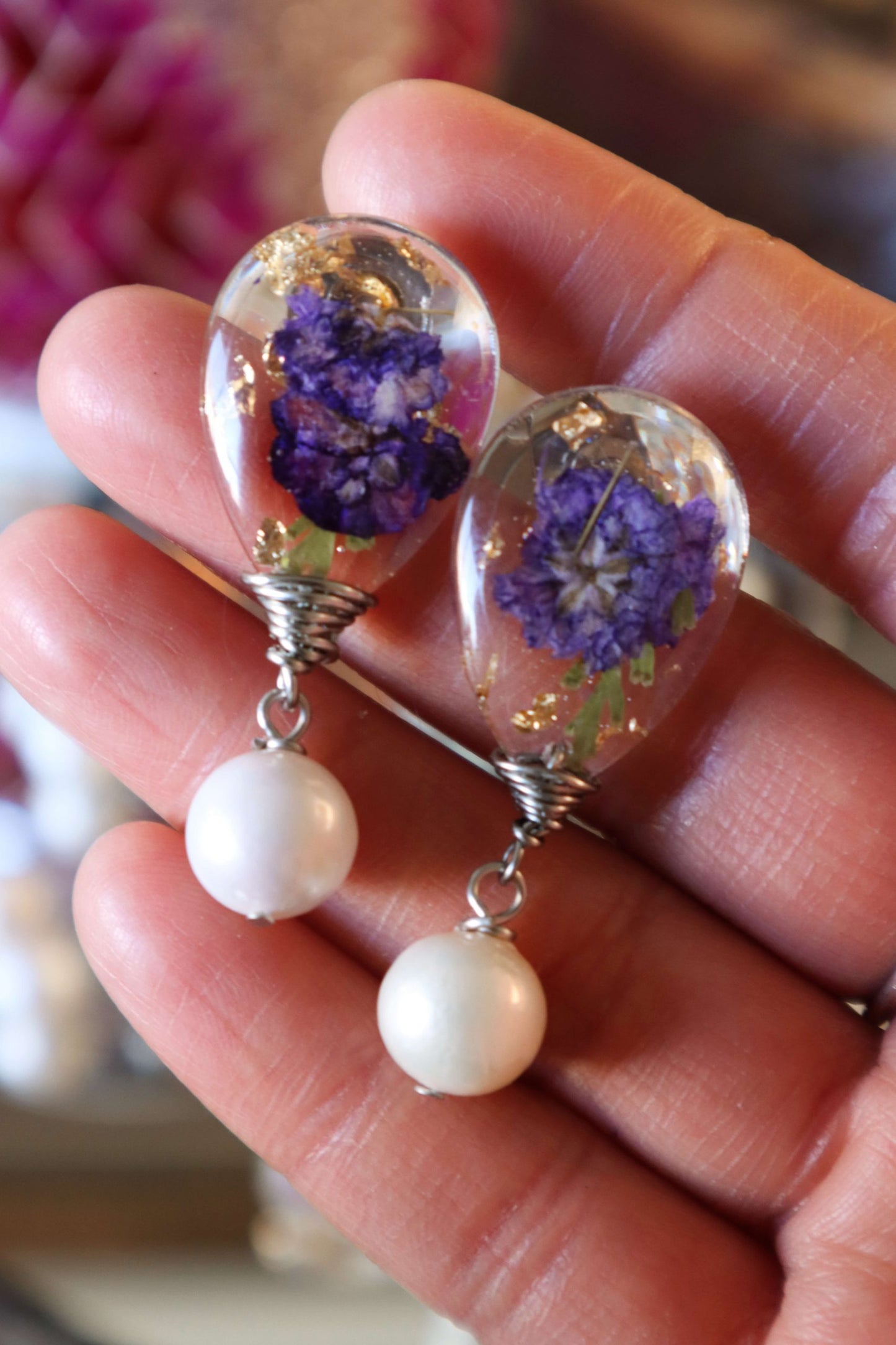 Pearl-drop-earrings---flower-pressed-jewelry---romantic-jewelry---flower-jewelry---Kaleidoscopes-And-Polka-Dots