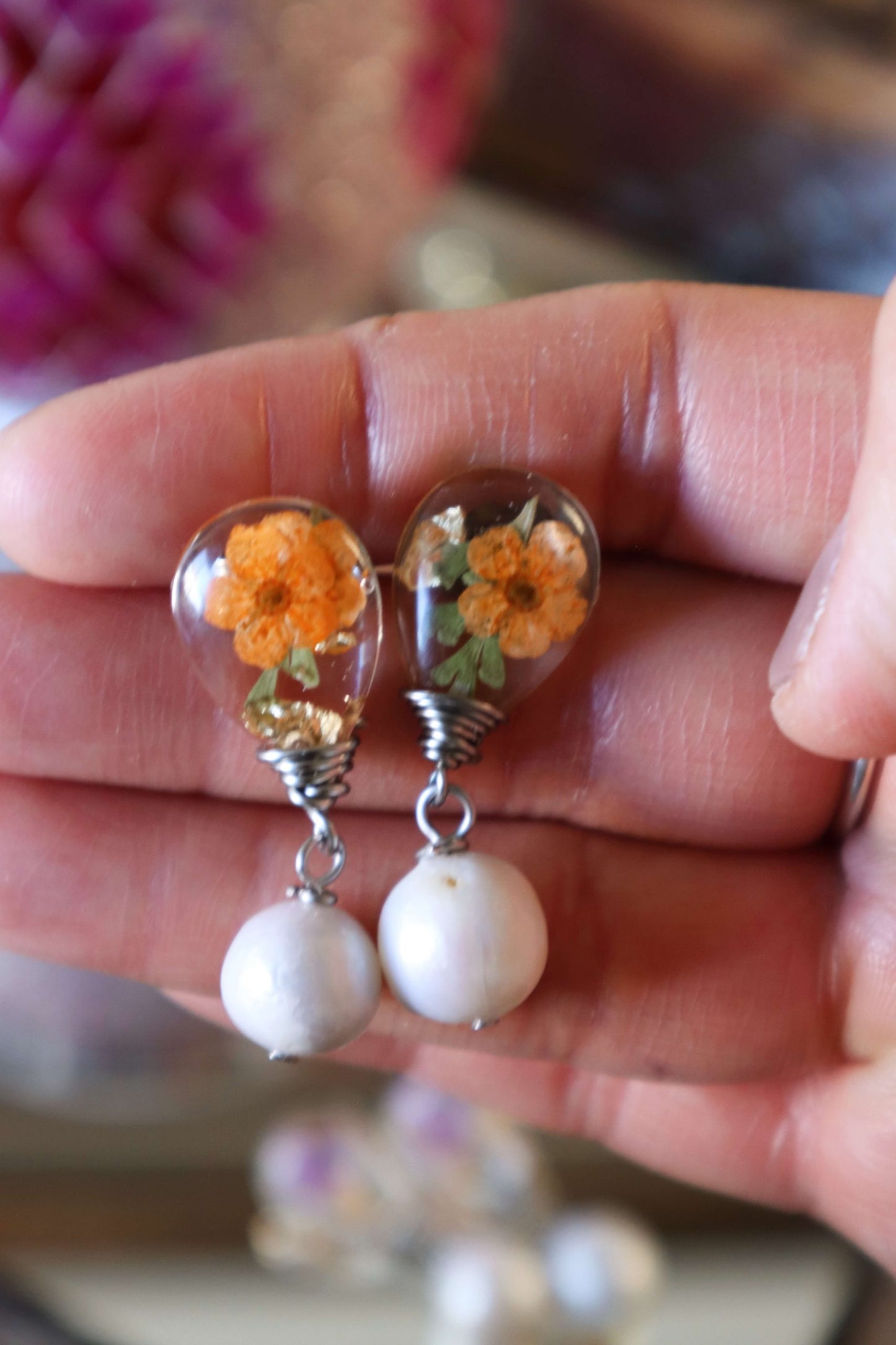 orange flower earrings with baroque pearl drop for weddings by kaleidoscopes and polka dots