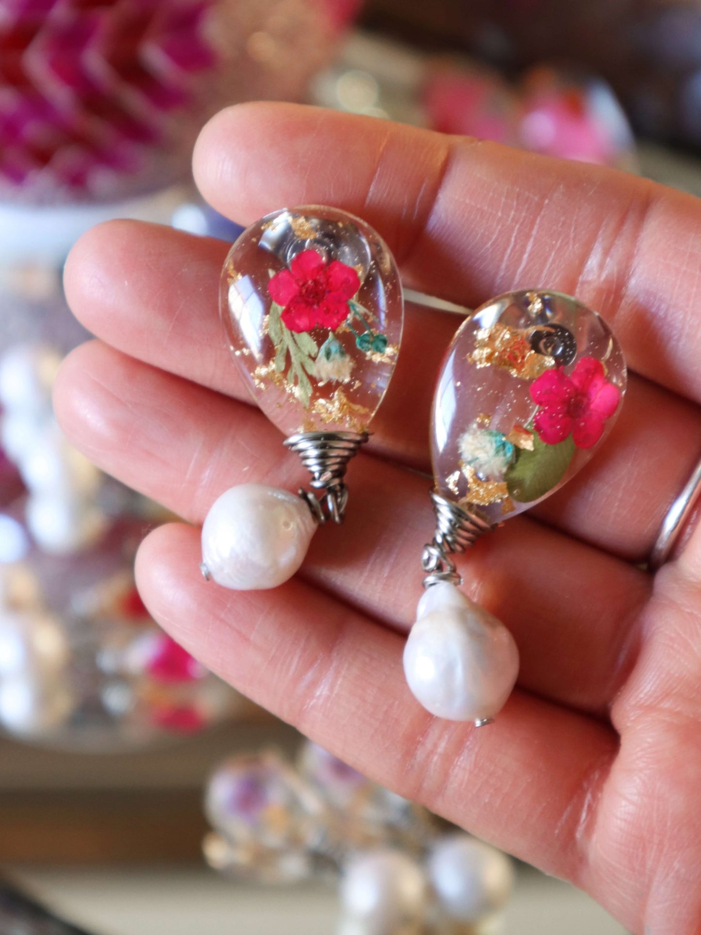 Teardrop-Earrings-Pearl-with-Viva-Magenta-Flowers---romantic-jewelry---flower-jewelry---Kaleidoscopes-And-Polka-Dots