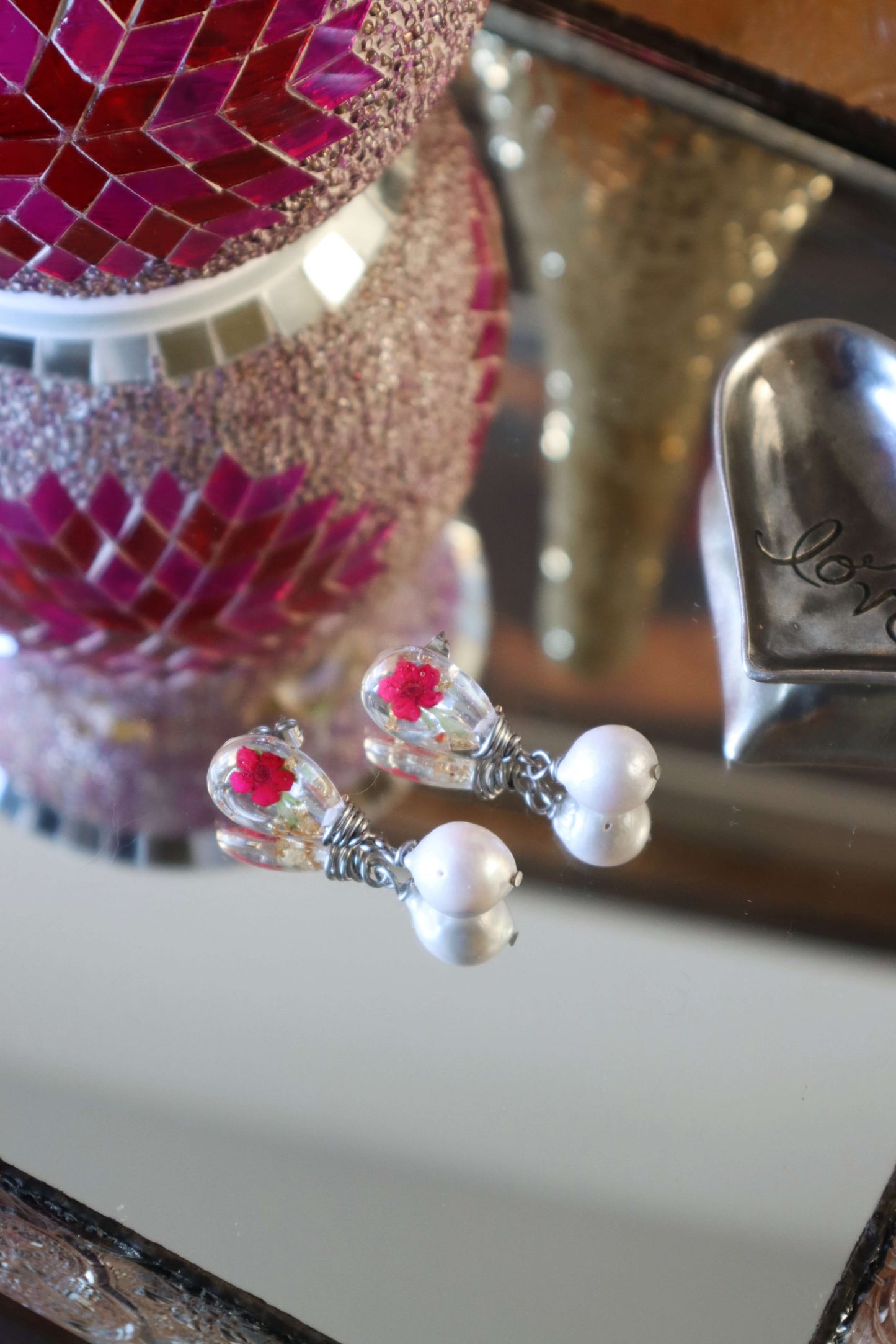 Teardrop-earrings-wedding-with-viva-magenta-flowers---romantic-jewelry---flower-jewelry---Kaleidoscopes-And-Polka-Dots