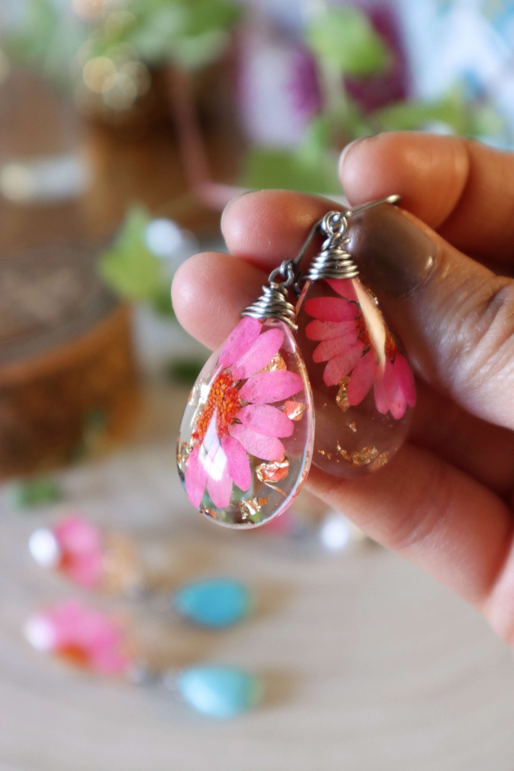Pressed Flower Teardrop Resin Earrings Real Flower Jewelry