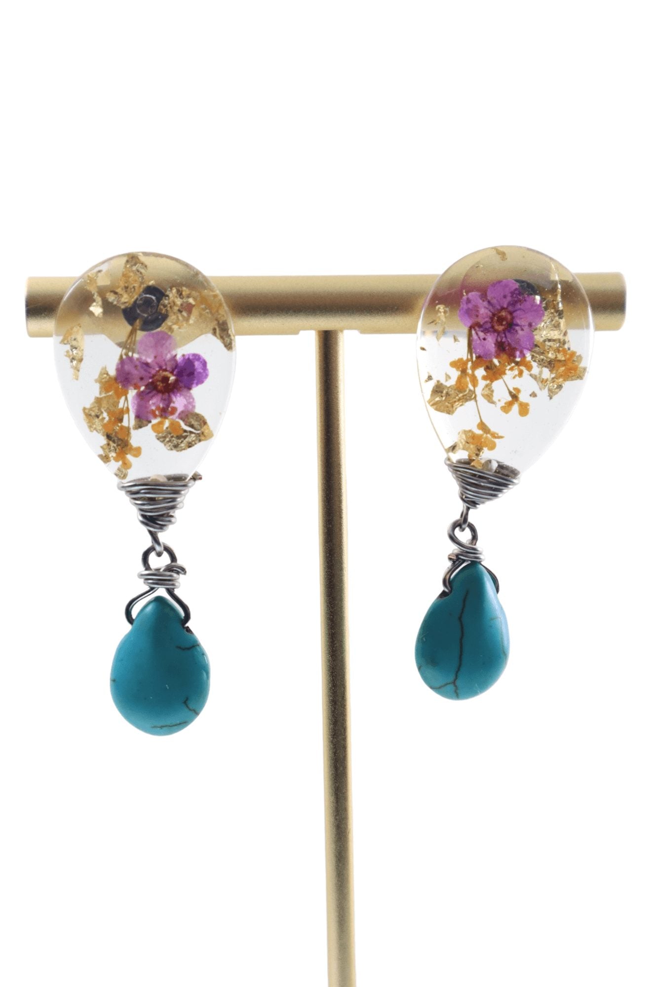 Pressed-flower-turquoise-drop-stud-earrings---turquoise-earrings-studs---Kaleidoscopes-And-Polka-Dots