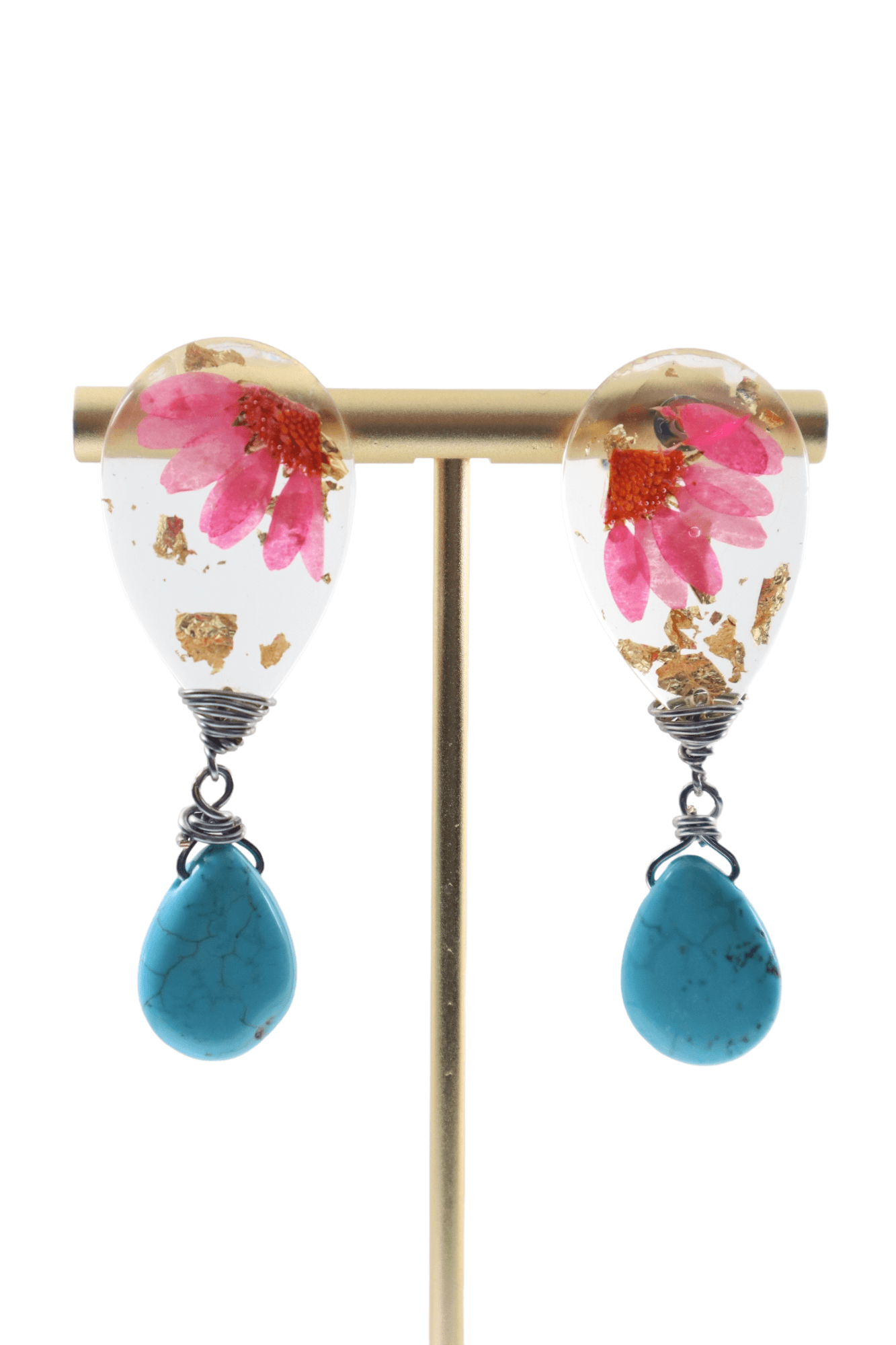 Turquoise-teardrop-earrings---real-flower-jewelry---flower-jewelry---Kaleidoscopes-And-Polka-Dots