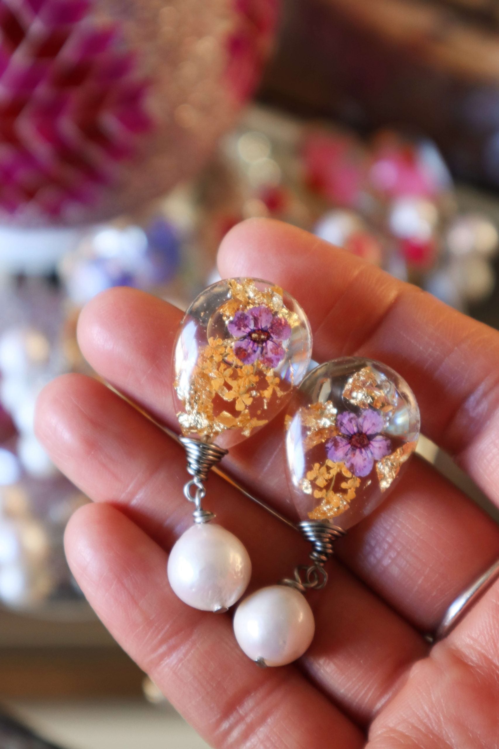 lavender and orange flower wedding earrings with pearl drops